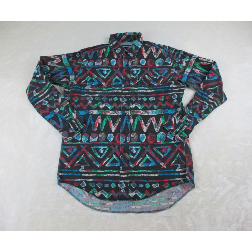 VINTAGE‎ Wrangler Shirt Mens Large Black Button Up Indian Navajo X Long Tails*